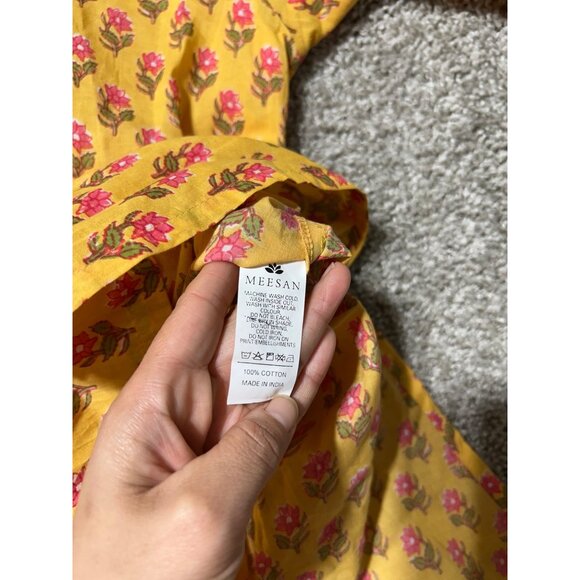 Meesan Womens Sz XL Yellow Floral Print Knee-Length Cotton Kurta With 3/4 Sleeve - Picture 3 of 10
